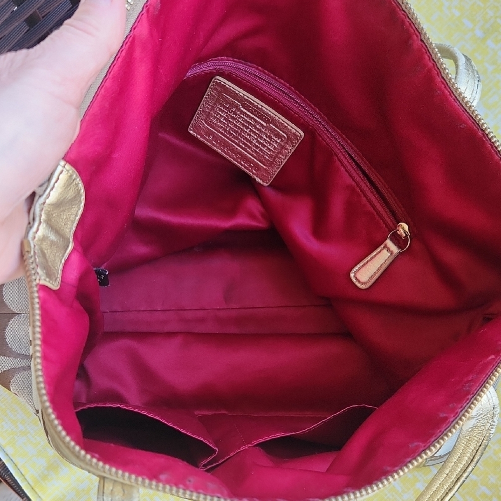 Coach Brown Signature Tote with Metallic Gold Trim - Picture 13 of 16